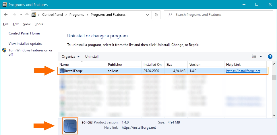 Programs and Features Panel in Windows